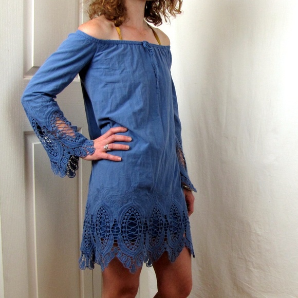 Roxberi Blue Chambray Venetian Lace Cotton Dress Off Shoulder Lined Summer Med - Picture 1 of 8